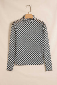 KaleaBoutique Stylish Plaid Stand Neck Long Sleeve Mesh Top - KaleaBoutique.com