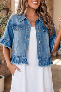 Ruffle Hem Raw Edge Half Sleeve Western Denim Jacket - KaleaBoutique.com