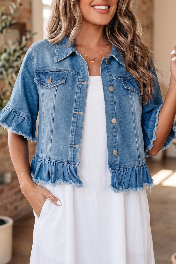 KaleaBoutique Stylish Ruffle Hem Raw Edge Half Sleeve Western Denim Jacket - KaleaBoutique.com