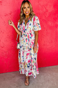 KaleaBoutique Stylish Abstract Print Short Puff Sleeve Tiered Maxi Dress - KaleaBoutique.com
