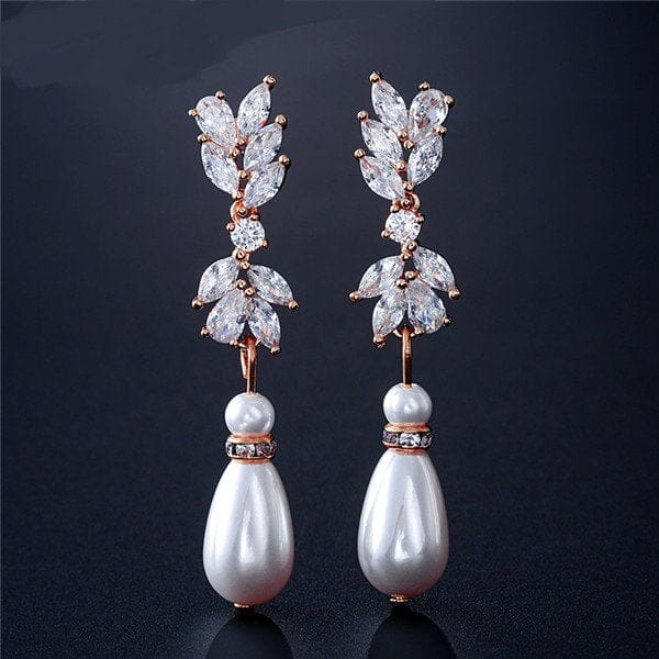 Baroque Pearl Crystal Earrings, Bridal Pearl Drop Ear Studs, Diamond Gem Dangle Wedding Pearl Earrings, Bridesmaid CZ Tassel Copper Earrings - KaleaBoutique.com