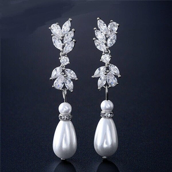 Baroque Pearl Crystal Earrings, Bridal Pearl Drop Ear Studs, Diamond Gem Dangle Wedding Pearl Earrings, Bridesmaid CZ Tassel Copper Earrings - KaleaBoutique.com