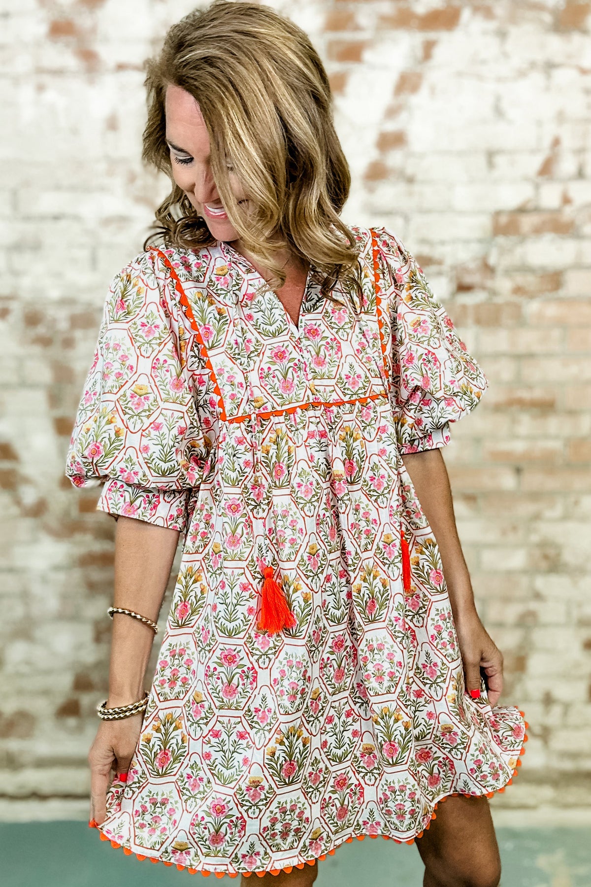 KaleaBoutique Comfortable Floral Print Tassel Tie V Neck Scalloped Detail Loose Mini Dress - KaleaBoutique.com