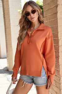 Buttoned Collared Raw Detail High Low Baggy Sweatshirt with Slits - KaleaBoutique.com