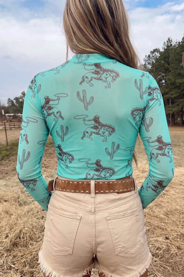 KaleaBoutique Stylish Western Print High Neck Long Sleeve Sheath Mesh Top - KaleaBoutique.com