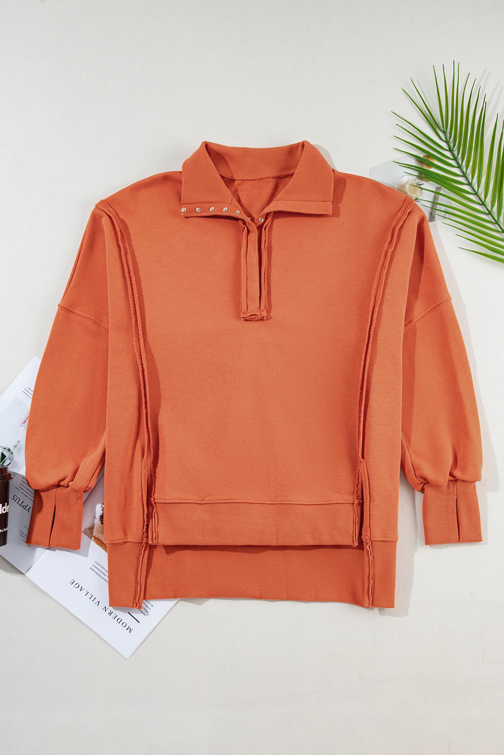 Buttoned Collared Raw Detail High Low Baggy Sweatshirt with Slits - KaleaBoutique.com