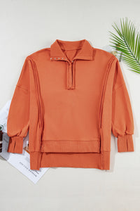 Buttoned Collared Raw Detail High Low Baggy Sweatshirt with Slits - KaleaBoutique.com