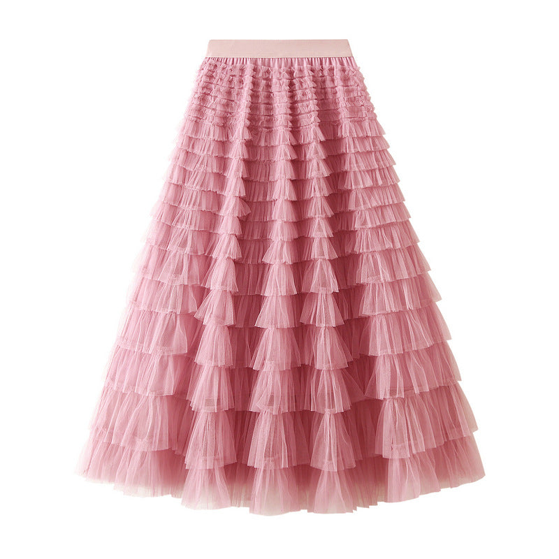 A-Line Mesh Ruffle Skirt Women's Temperament Sweet Long Skirt Slim Cupcake Dress Womens Clothing - KaleaBoutique.com