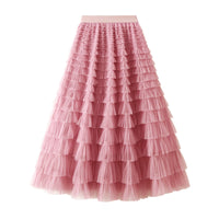 A-Line Mesh Ruffle Skirt Women's Temperament Sweet Long Skirt Slim Cupcake Dress Womens Clothing - KaleaBoutique.com