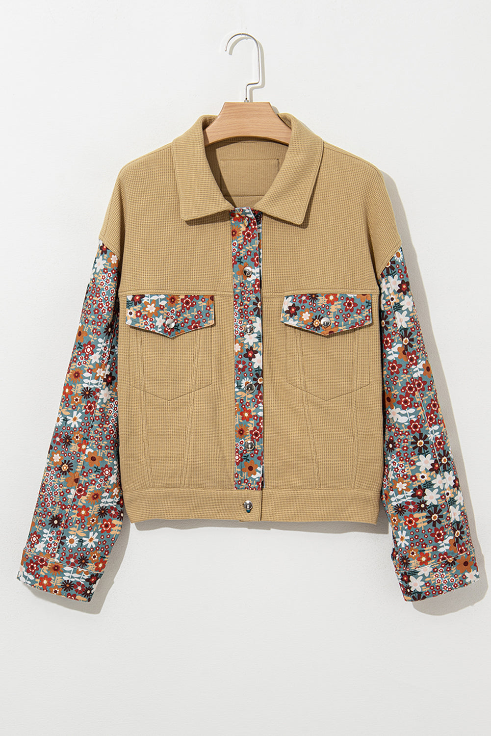 KaleaBoutique Waffle Knit Floral Print Patchwork Button up Jacket - KaleaBoutique.com