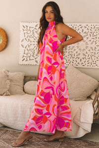 KaleaBoutique Stylish Abstract Printed High Neck Knotted Nape Sleeveless Maxi Dress - KaleaBoutique.com
