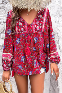 KaleaBoutique Chic Bohemian Floral Print Tassel Tie Front Long Sleeve Blouse - KaleaBoutique.com