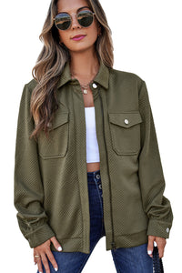 Solid Color Zip Up Button Flap Pocket Shirt Collar Jackets - KaleaBoutique.com