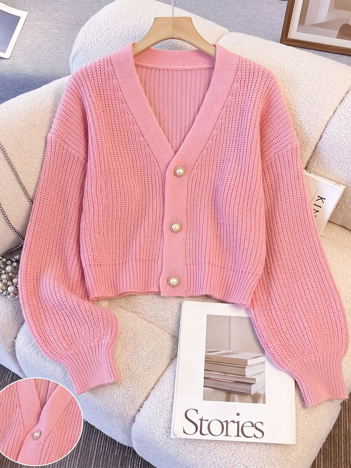 Women's V-Neck Pearl-Style Button Cardigan - KaleaBoutique.com