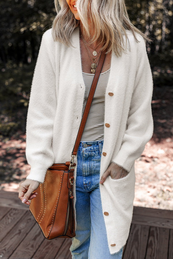 KaleaBoutique Comfortable Fuzzy Buttoned Front Midi Solid Cardigan - KaleaBoutique.com
