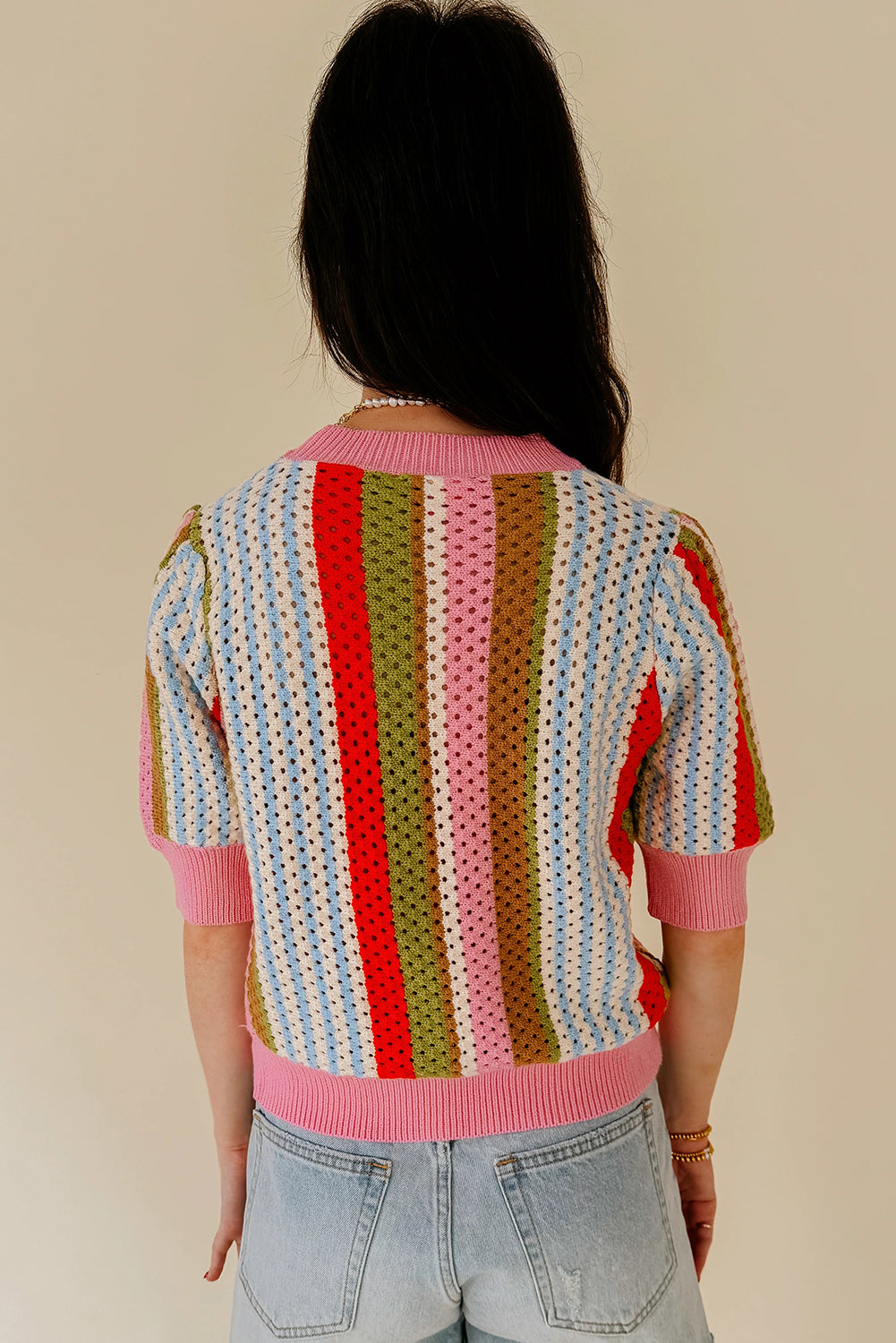 KaleaBoutique Stylish Striped Pointelle Knit Short Sleeve Sweater - KaleaBoutique.com