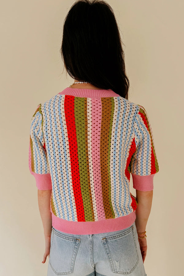 KaleaBoutique Stylish Striped Pointelle Knit Short Sleeve Sweater - KaleaBoutique.com