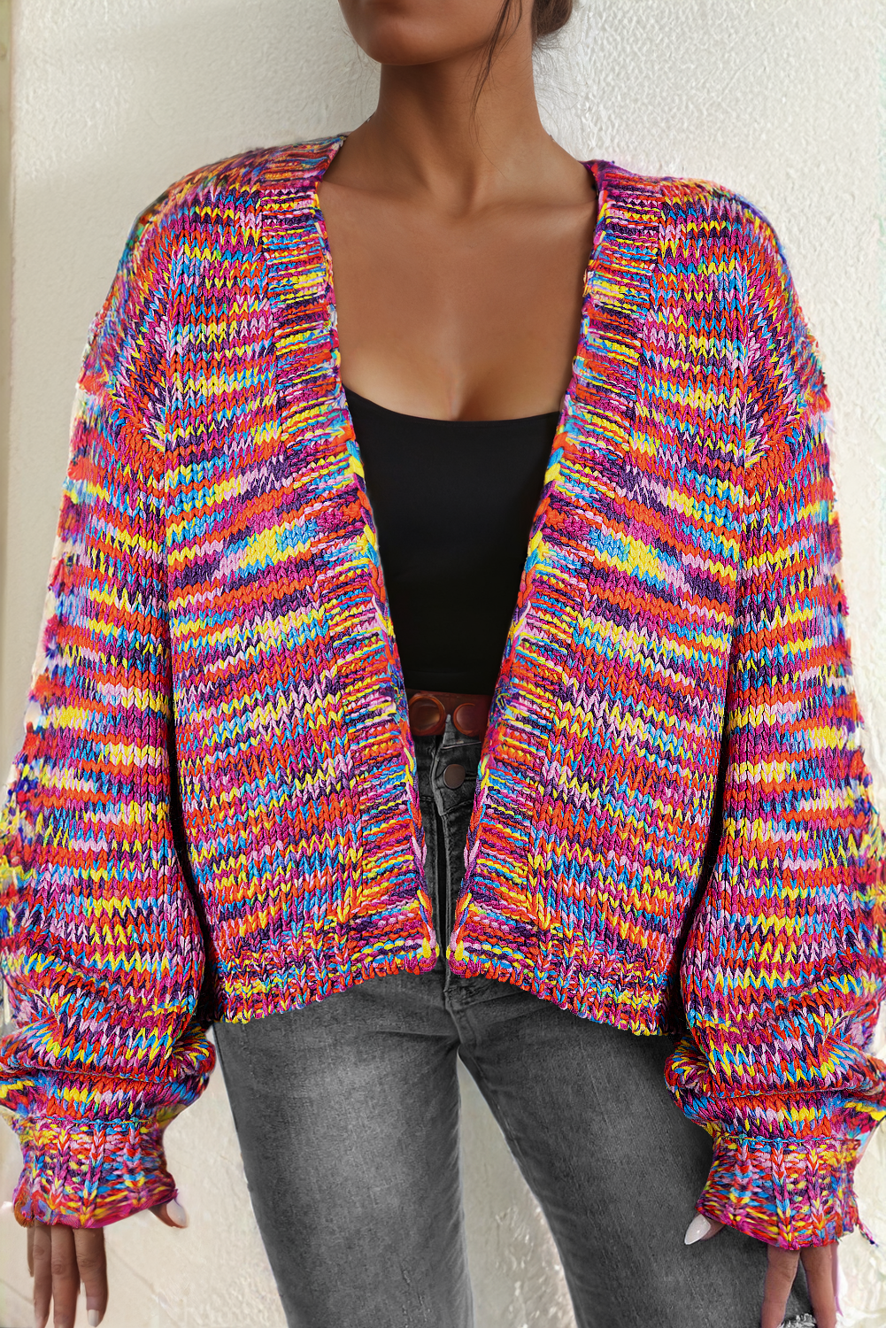 KaleaBoutique Stylish Confetti Drop Shoulder Open Front Cardigan - KaleaBoutique.com