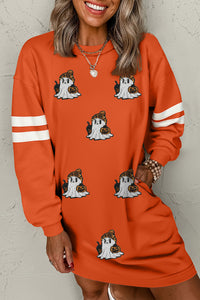 Orange Sequin Ghost Halloween Sweatshirt Dress with Varsity Stripe Sleeves & Pockets - KaleaBoutique.com