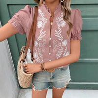 Women's Cotton Embroidered Cardigan Buckle Puff Short Sleeve - KaleaBoutique.com