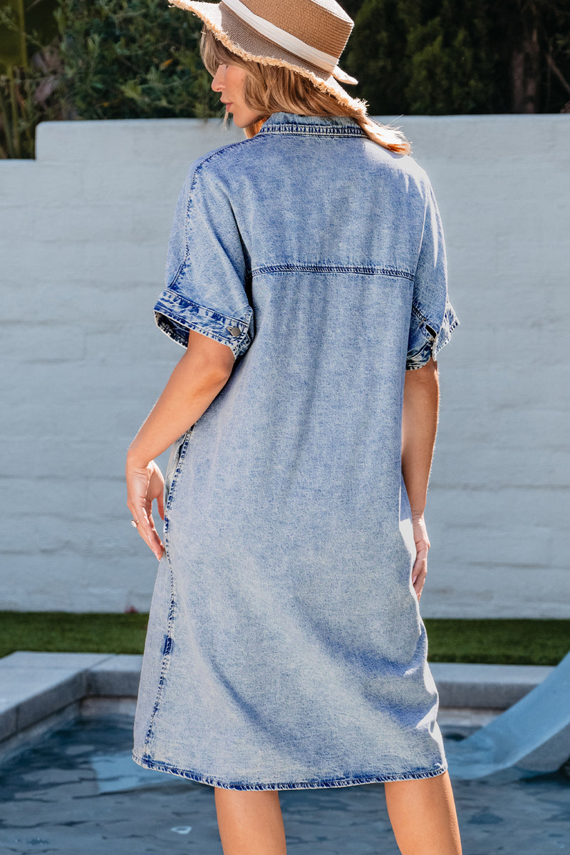 Makayla Loose Medium Wash Chambray Dress | Threaded Pear Light Blue / S - 4/6 Makayla Loose Medium Wash Chambray Dress | Threaded Pear Light Blue / S - 4/6