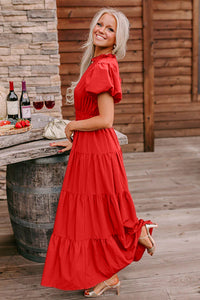 KaleaBoutique Stylish Solid Color V Neck Short Puff Sleeve High Waist Tiered Maxi Dress - KaleaBoutique.com