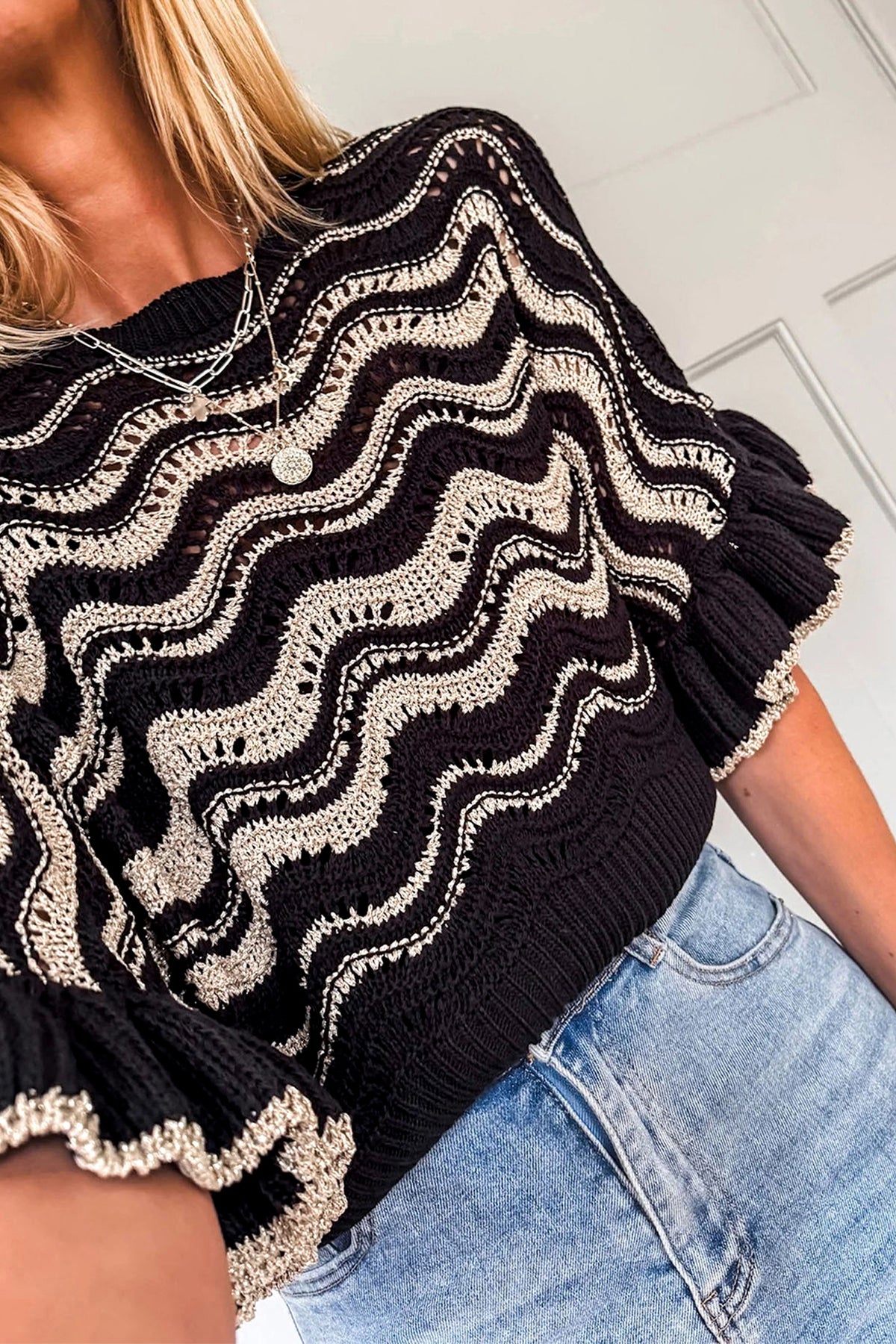 KaleaBoutique Stylish Wavy Crochet Eyelet Detail Ruffle Half Sleeve Sweater - KaleaBoutique.com