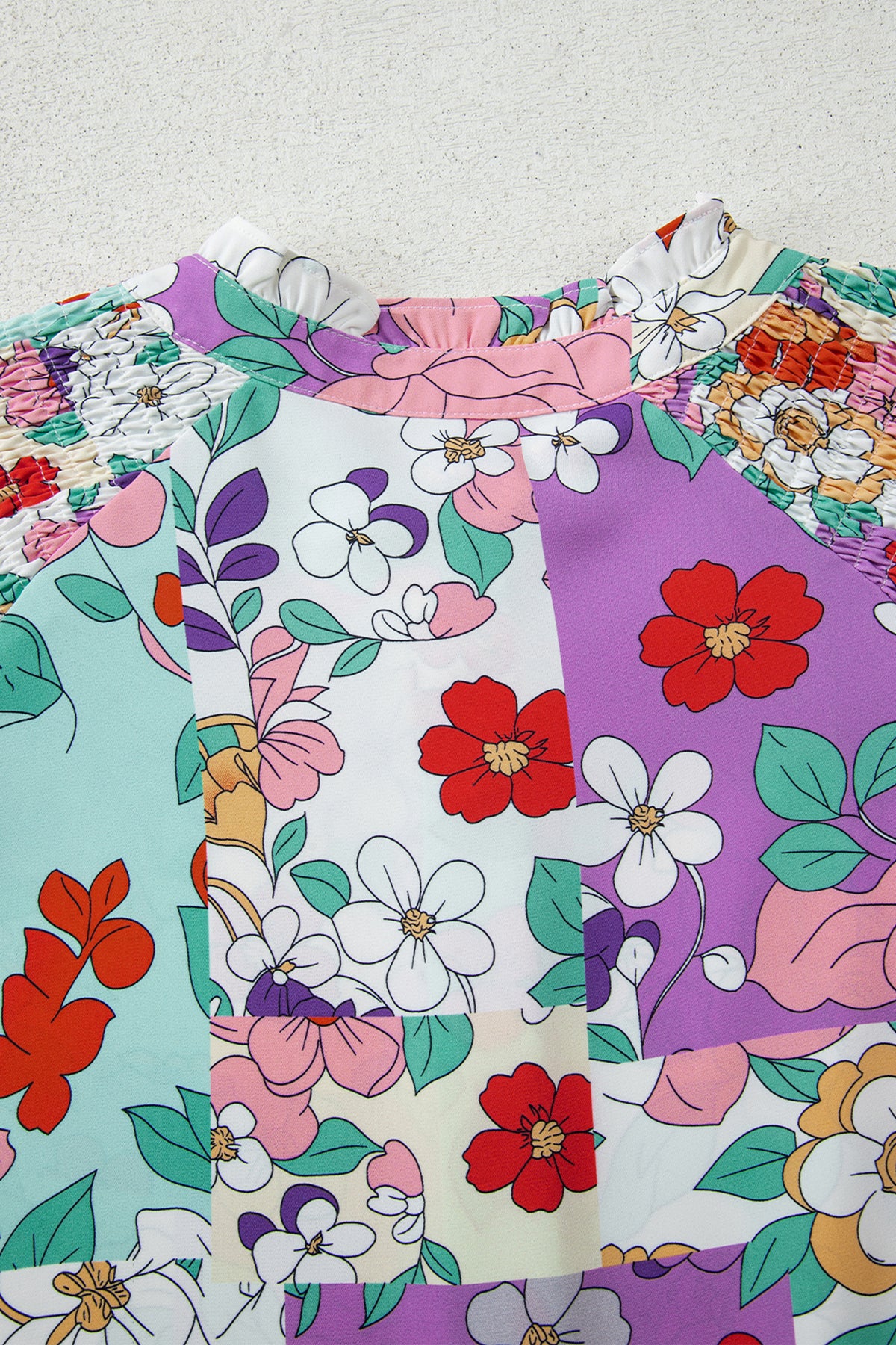 KaleaBoutique Stylish Floral Print Patchwork Frilly Neckline Long Sleeve Shirt - KaleaBoutique.com