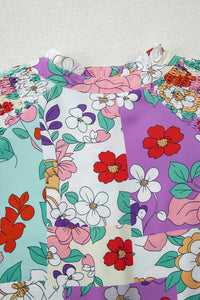 KaleaBoutique Stylish Floral Print Patchwork Frilly Neckline Long Sleeve Shirt - KaleaBoutique.com