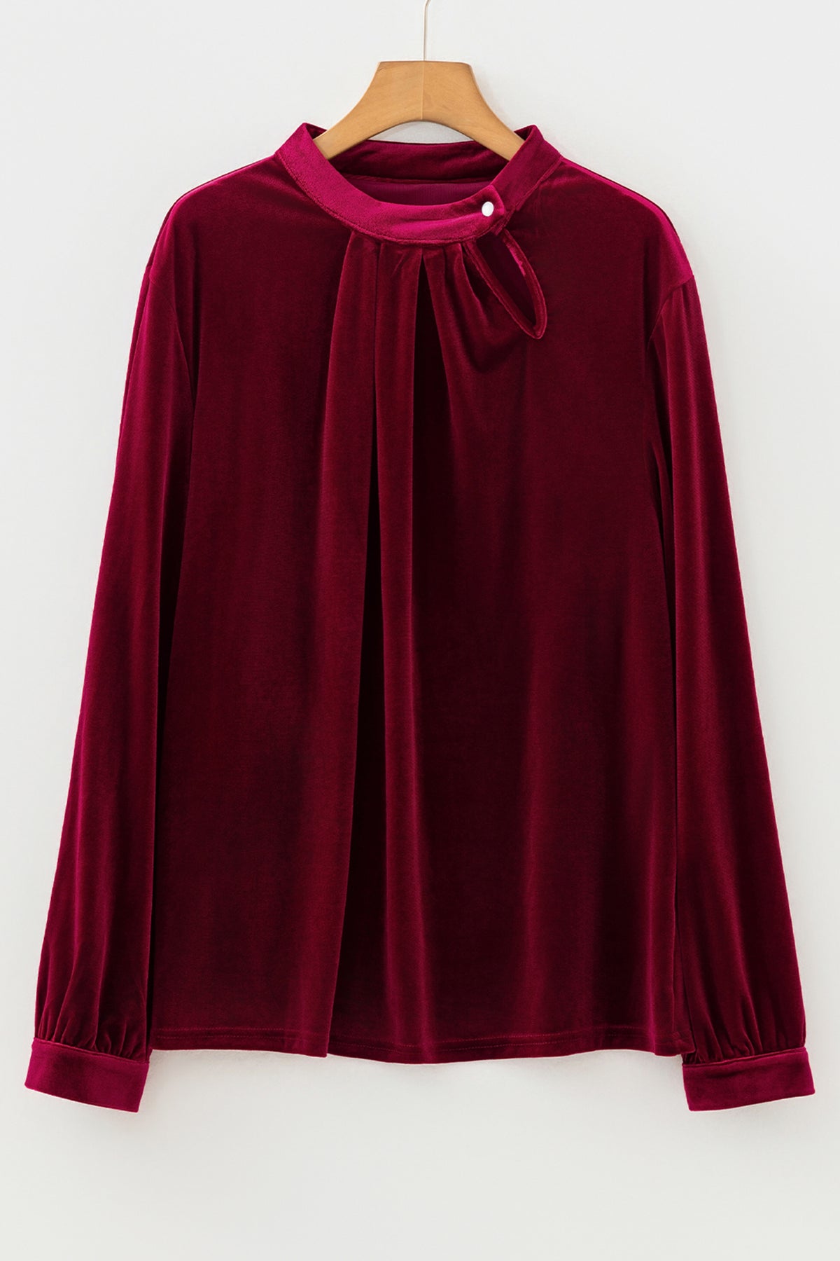 KaleaBoutique Stylish Asymmetric Button Keyhole Neck Long Sleeve Velvet Blouse - KaleaBoutique.com