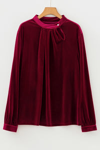 KaleaBoutique Stylish Asymmetric Button Keyhole Neck Long Sleeve Velvet Blouse - KaleaBoutique.com