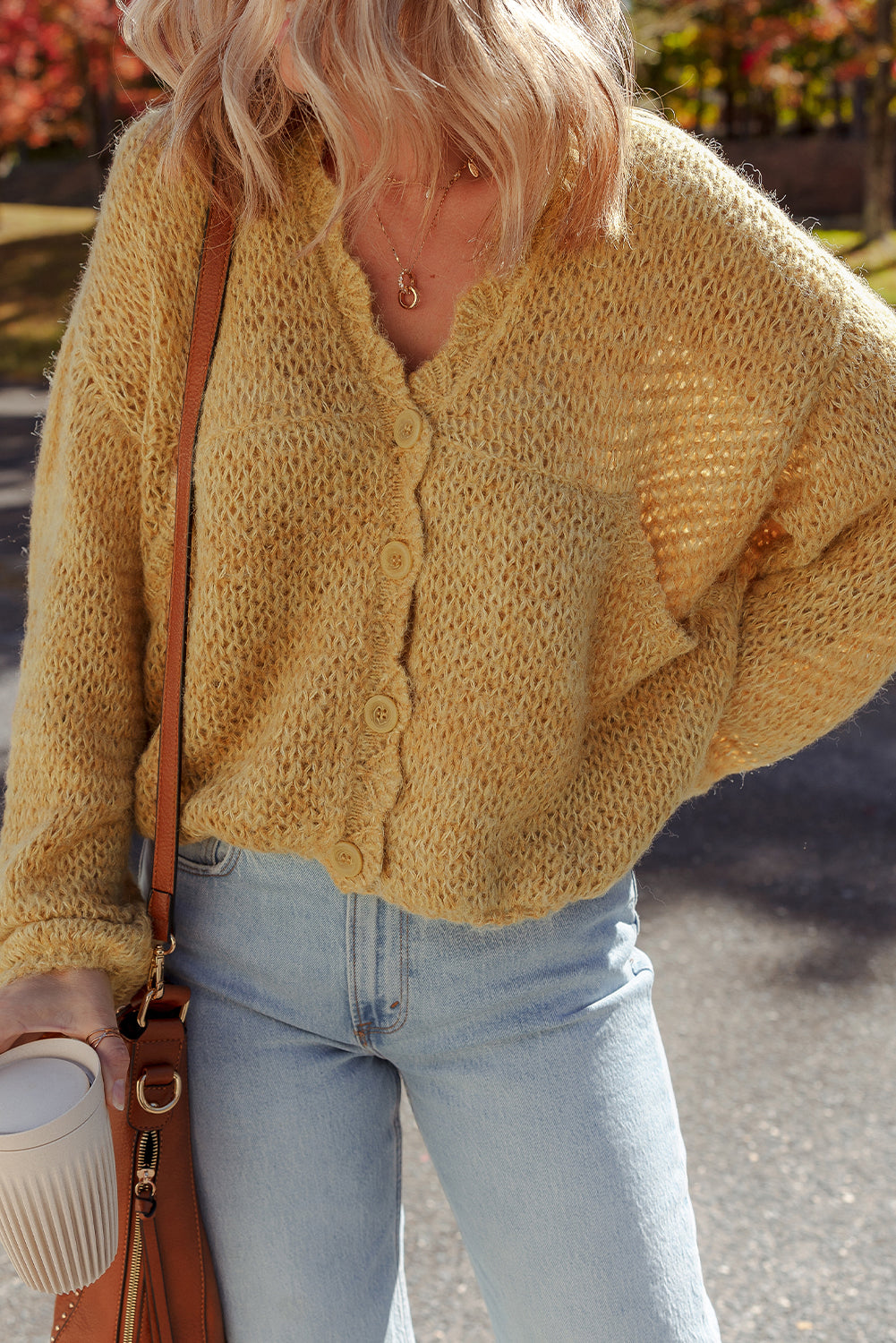 KaleaBoutique Stylish Lantern Sleeve Scallop V Neck Buttoned Front Cardigan - KaleaBoutique.com