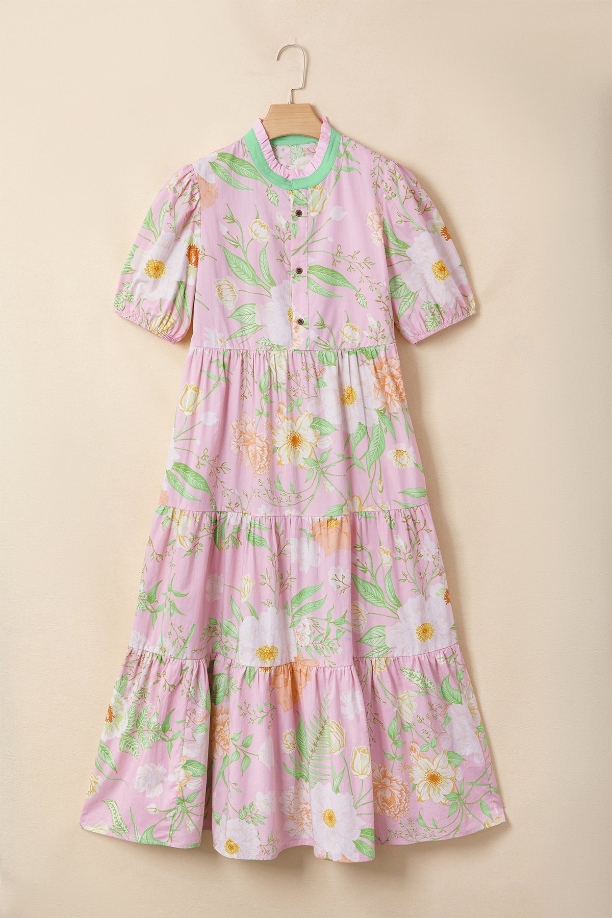 KaleaBoutique Comfortable Floral Print Short Puff Sleeve High Waist Tiered Maxi Dress - KaleaBoutique.com