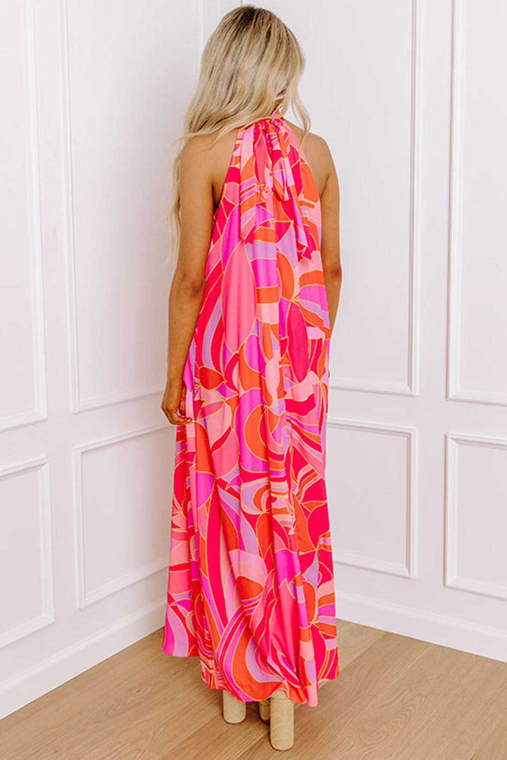 KaleaBoutique Stylish Abstract Printed High Neck Knotted Nape Sleeveless Maxi Dress - KaleaBoutique.com