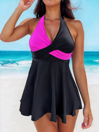 Women's Black and Pink Color Block Halter Dress 2 PC Tankini Set - KaleaBoutique.com