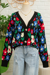KaleaBoutique Stylish Floral Print V Neck Buttoned Short Cardigan Sweater - KaleaBoutique.com