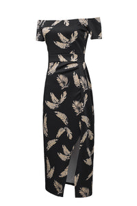 KaleaBoutique Stylish Black Pattern Print Off Shoulder Slit Bodycon Midi Dress - KaleaBoutique.com