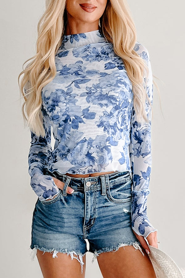 KaleaBoutique Stylish Floral Print Long Sleeve Stand Neck Mesh Top - KaleaBoutique.com