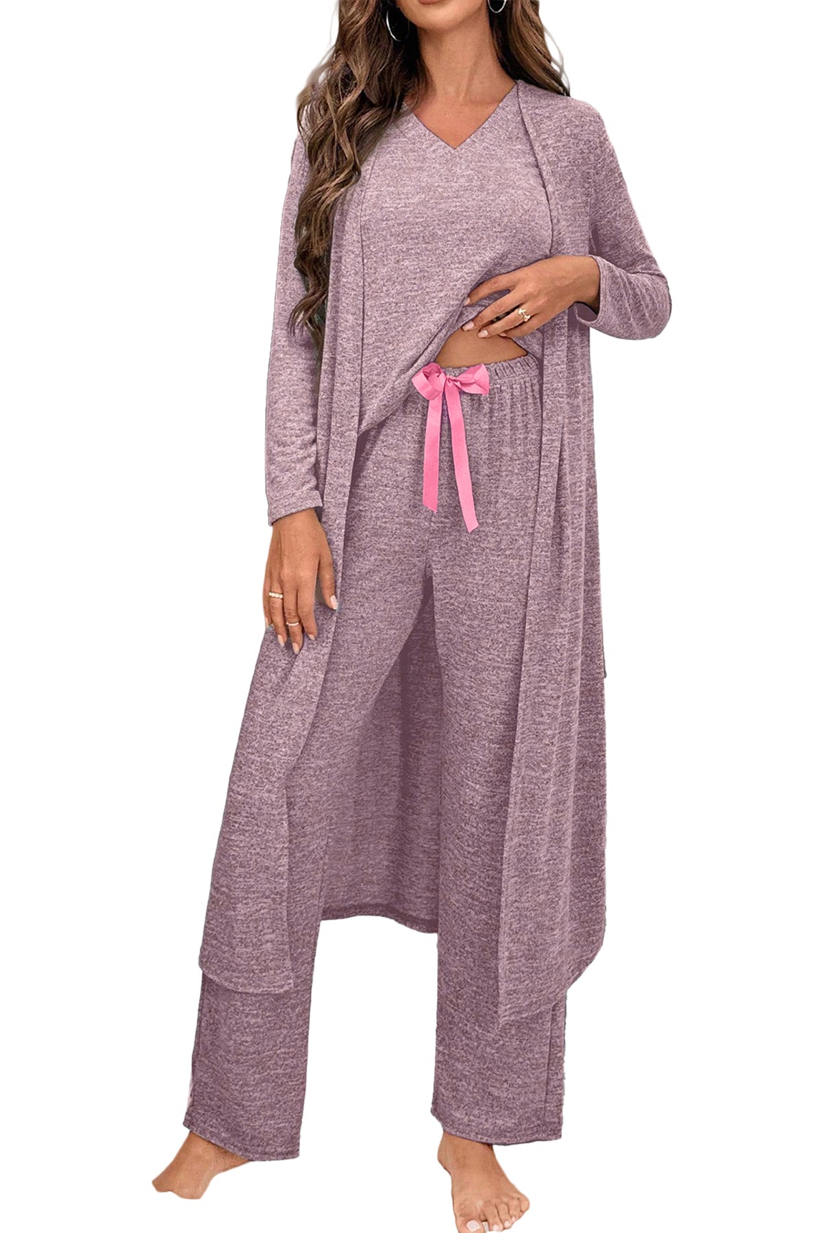 KaleaBoutique Stylish 3pcs V Neck T Shirt Ribbon Knot Pants Open Duster 3pcs Lounge Set - KaleaBoutique.com