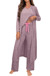 KaleaBoutique Stylish 3pcs V Neck T Shirt Ribbon Knot Pants Open Duster 3pcs Lounge Set - KaleaBoutique.com
