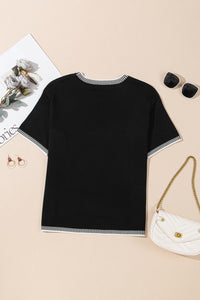 KaleaBoutique Comfortable Contrast Striped Trim Round Neck Half Sleeve Sweater - KaleaBoutique.com