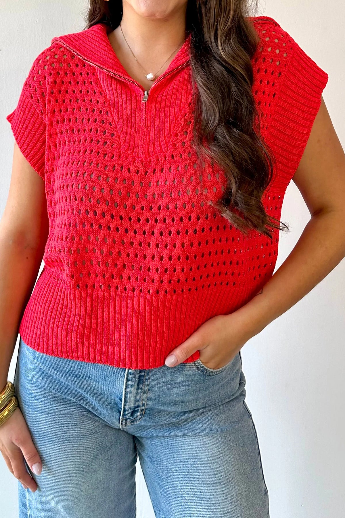 KaleaBoutique Stylish Solid Color Hollowed Knit Short Sleeve Zipper Collar Knitwear Top - KaleaBoutique.com