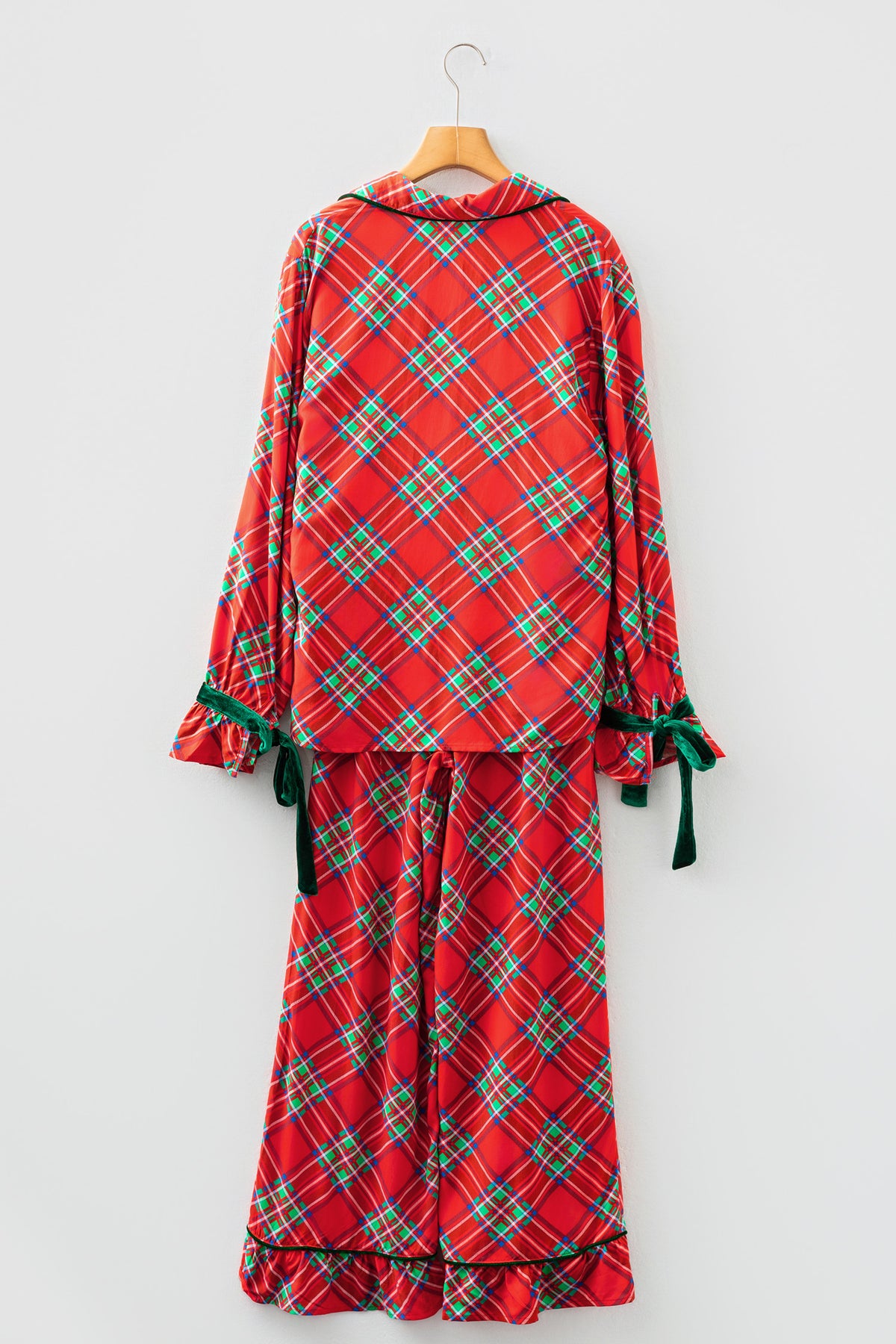 KaleaBoutique Comfortable Christmas Plaid Satin Pajama Set with Contrast Velvet Ties - KaleaBoutique.com