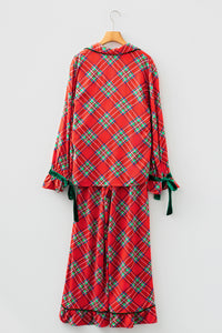 KaleaBoutique Comfortable Christmas Plaid Satin Pajama Set with Contrast Velvet Ties - KaleaBoutique.com