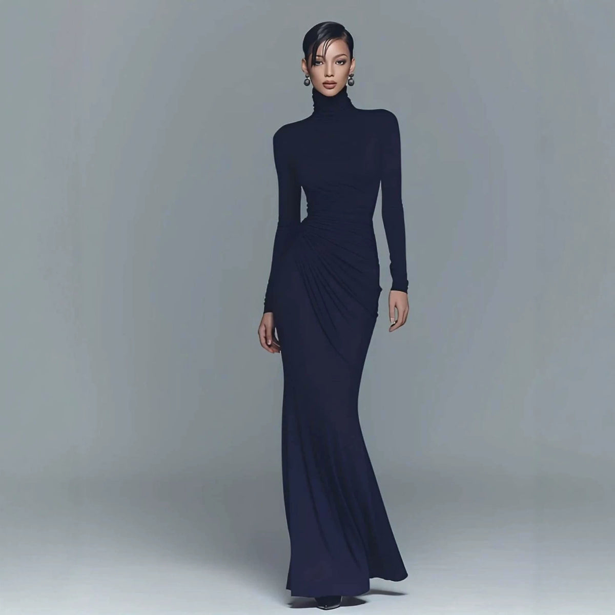 Navy Blue Stretch Turtleneck Draped Long Dress - KaleaBoutique.com