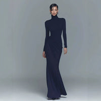 Navy Blue Stretch Turtleneck Draped Long Dress - KaleaBoutique.com