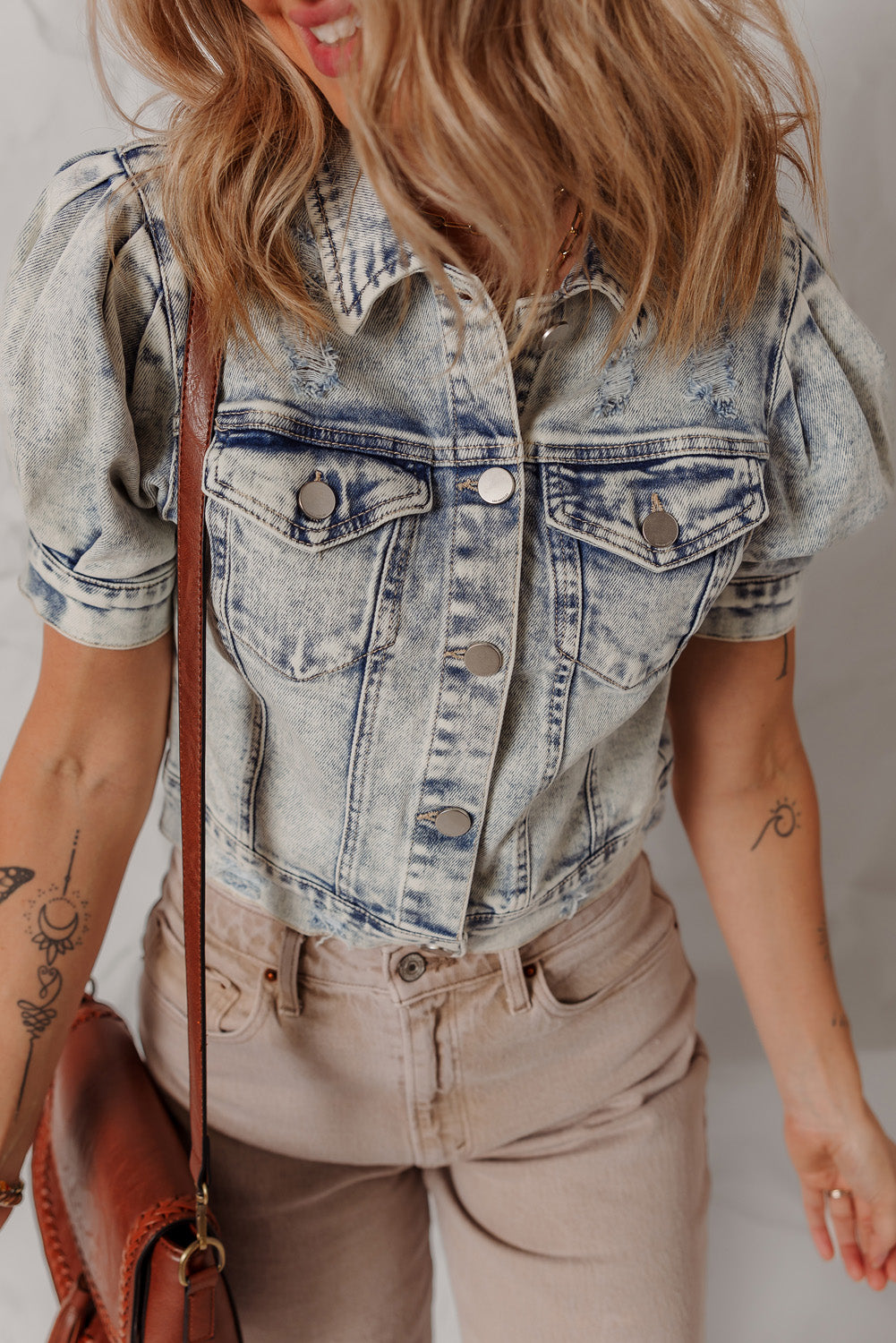 Light Wash Buttoned Chest Pocket Puff Sleeve Denim Jacket - KaleaBoutique.com