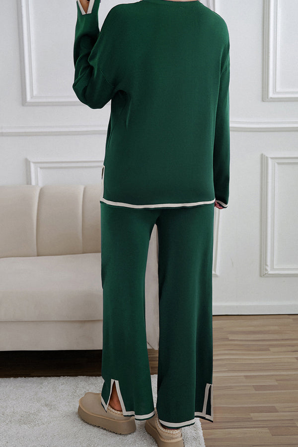 KaleaBoutique Stylish Contrast Trim Split Cuffs Long 2pcs Sweater Outfit Loungewear - KaleaBoutique.com