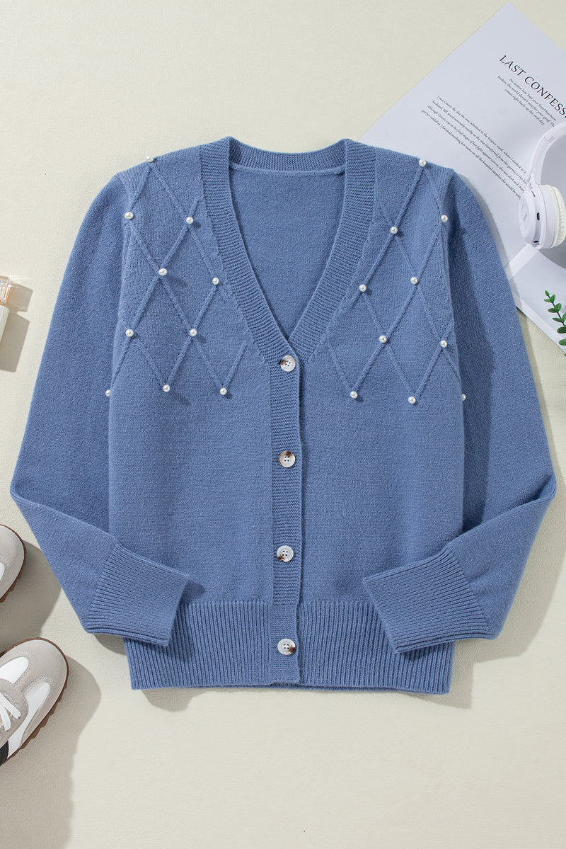 KaleaBoutique Textured Knit Pearl Beaded Button Up Cardigan - KaleaBoutique.com