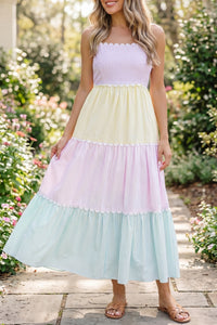 KaleaBoutique Stylish Striped Colorblock Adjustable Strap Scalloped Detail Long Dress - KaleaBoutique.com